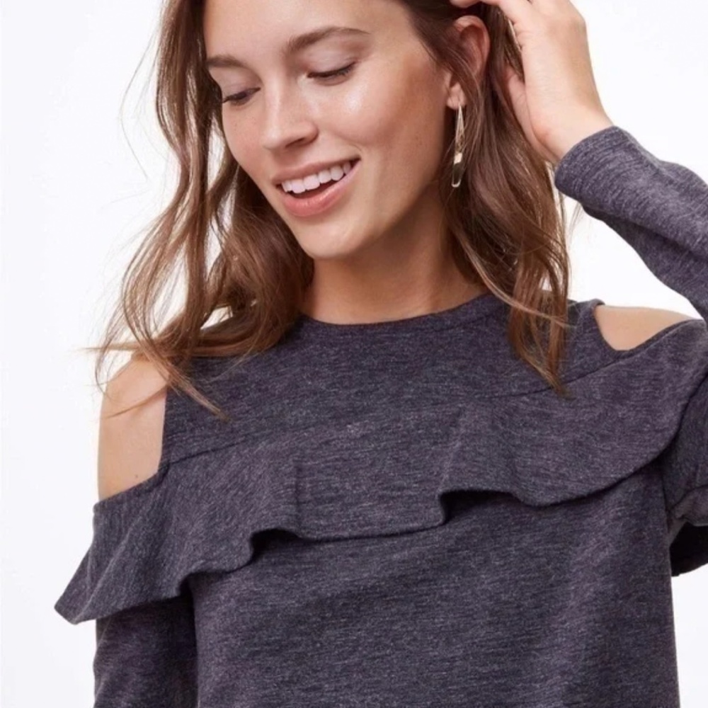 Loft Ruffle Grey Cold Shoulder Long Sleeve Dress Size Small